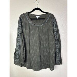 J. Jill Womens Olive Green Embroidered Long Sleeve Top Plus 2X Gauzy Cotton Boho